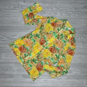 Vintage uzra floral button up 70s style shirt water color flowers orange 10